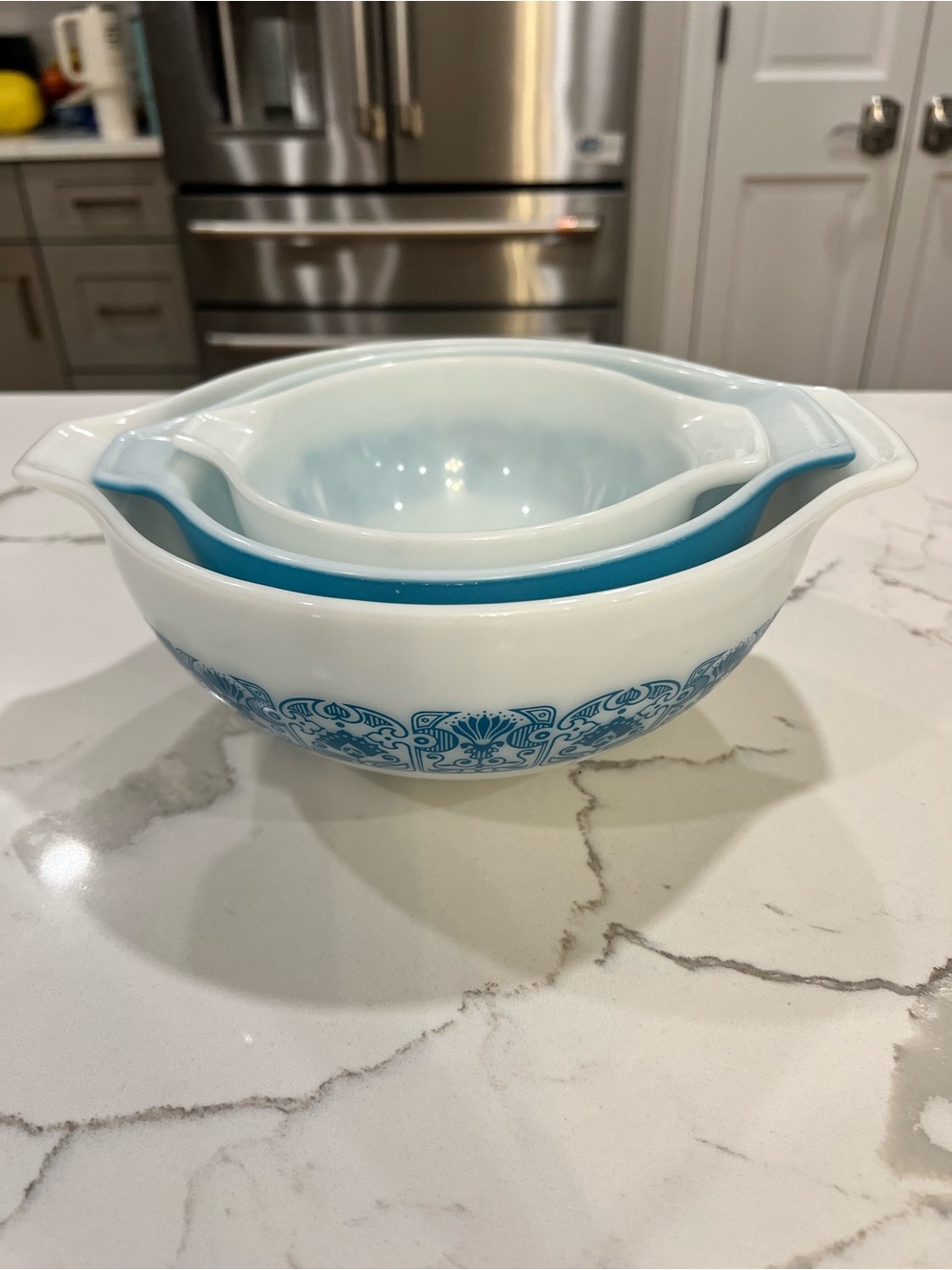 Set of 3 PYREX Horizon Blue Cinderella Mixing Bowls 441 442 443 Apollo 11 set